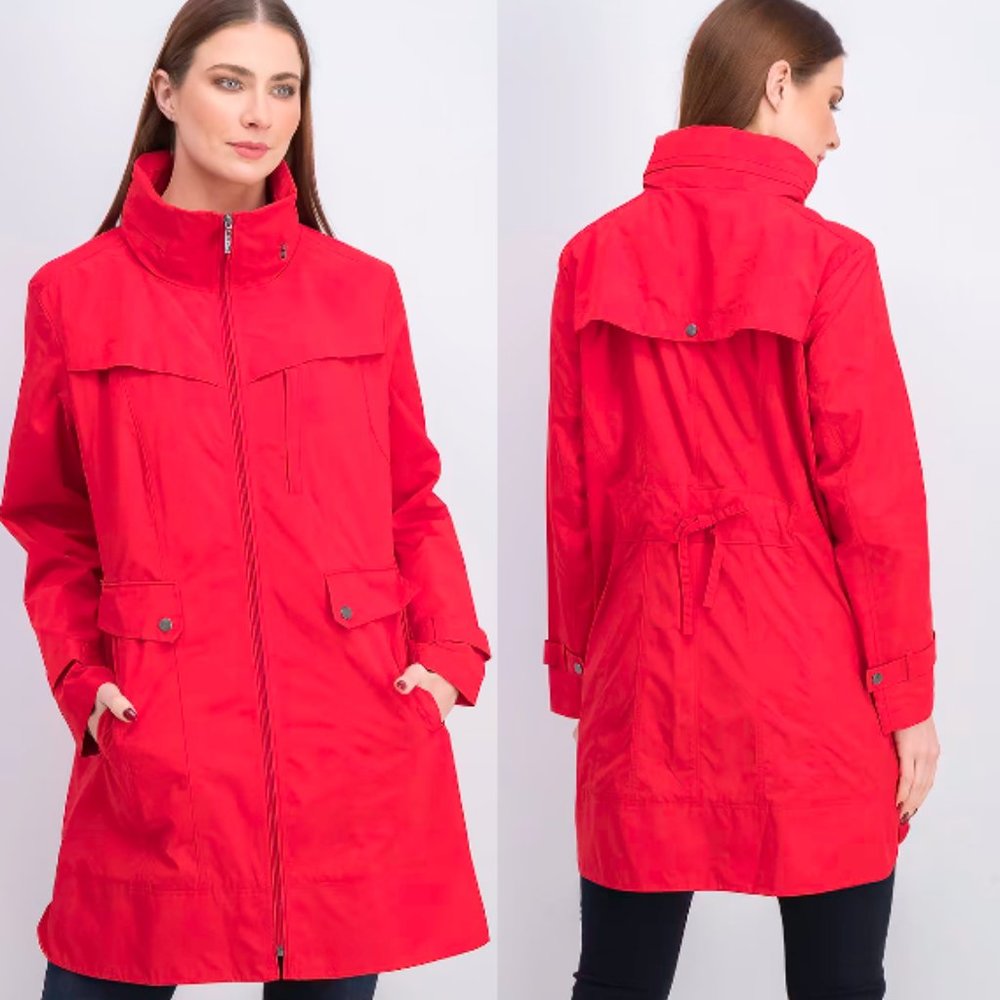 Cole Haan Women's Hooded Packable Water Resistant Red Raincoat Jacket, size XL